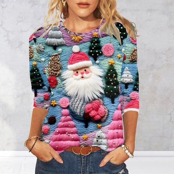 Yinbwol Women Blue Long Sleeve Oversize Round Neck Pullover Christmas Sweatshirt - Picture 2 of 7